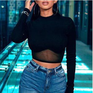 Midriff Cut Mesh and Crew Neckline Top